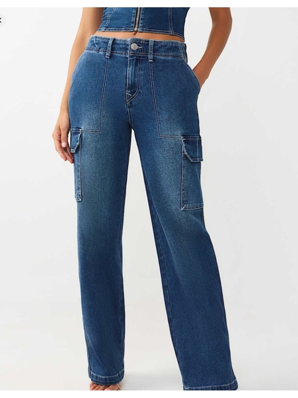 True Religion Women's Dark Blue Cargo Straight Jeans Size 28 - Picture 2 of 13